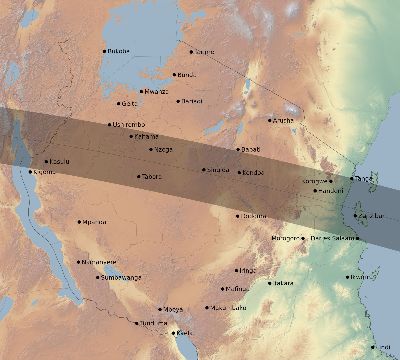 Map of the eclipse path across Tanzania on 05/08/2692