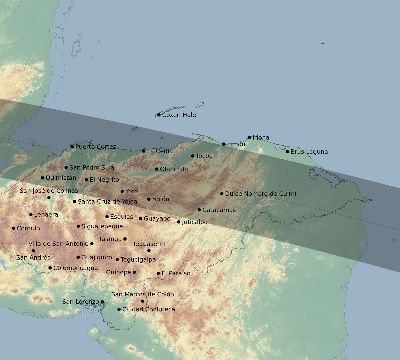 Map of the eclipse path across Honduras on 10/21/2693