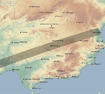 Map of the eclipse path across Spain on 02/13/2697