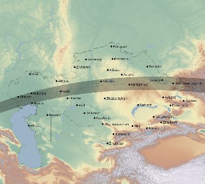 Map of the eclipse path across Kazakhstan on 04/08/2703