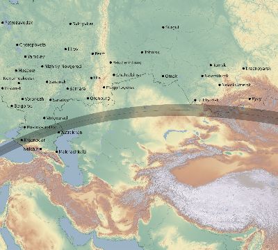 Map of the eclipse path across Russia on 04/08/2703