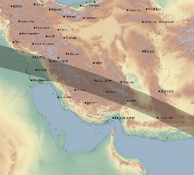 Map of the eclipse path across Iran on 09/21/2704
