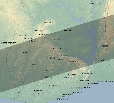 Map of the eclipse path across Ghana on 07/21/2707