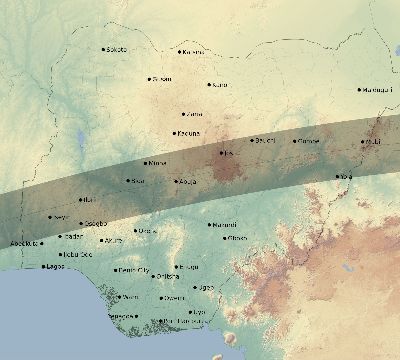 Map of the eclipse path across Nigeria on 07/21/2707