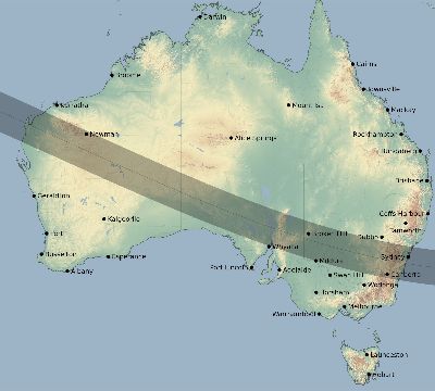 Map of the eclipse path across Australia on 01/15/2708