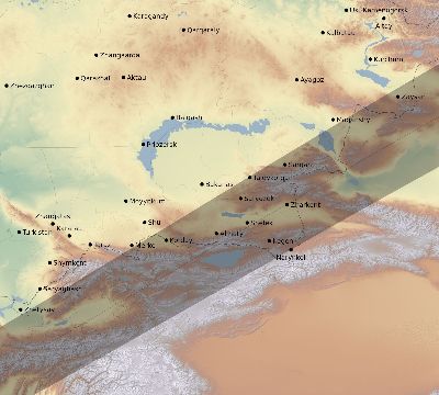 Map of the eclipse path across Kazakhstan on 07/10/2708