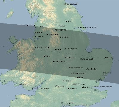 Map of the eclipse path across United Kingdom on 04/18/2721
