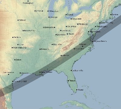 Map of the eclipse path across United States on 04/18/2721