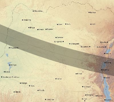 Map of the eclipse path across DR Congo on 10/02/2722