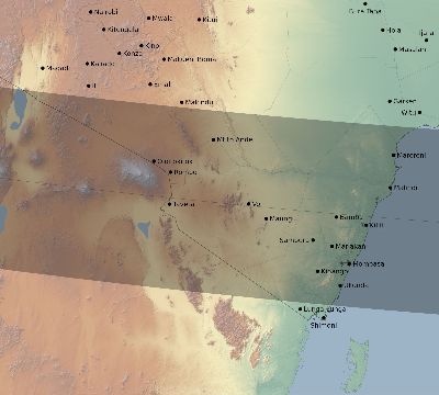 Map of the eclipse path across Kenya on 10/02/2722