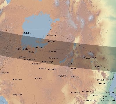 Map of the eclipse path across Tanzania on 10/02/2722