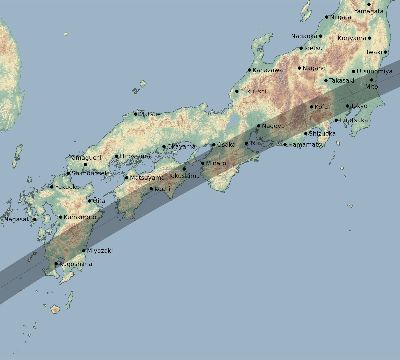 Map of the eclipse path across Japan on 03/08/2733