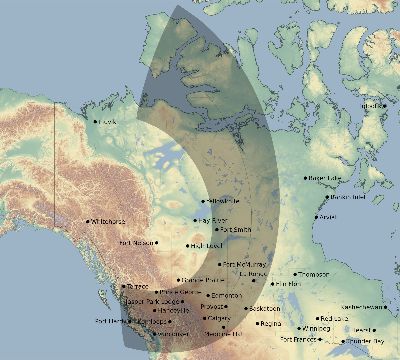 Map of the eclipse path across Canada on 02/25/2734