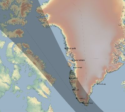 Map of the eclipse path across Greenland on 10/01/2741