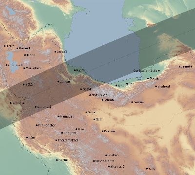 Map of the eclipse path across Iran on 02/16/2743