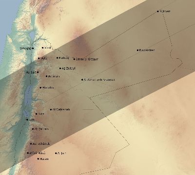 Map of the eclipse path across Jordan on 02/16/2743