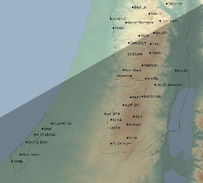 Map of the eclipse path across Palestine on 02/16/2743