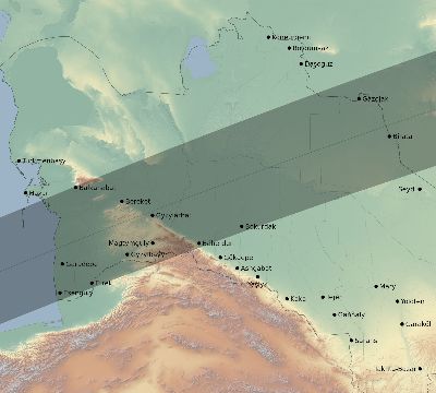 Map of the eclipse path across Turkmenistan on 02/16/2743