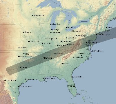 Map of the eclipse path across United States on 07/31/2744