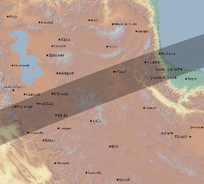 Map of the eclipse path across Iran on 03/19/2751