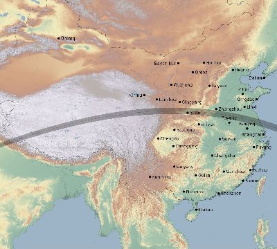 Map of the eclipse path across China on 07/12/2754