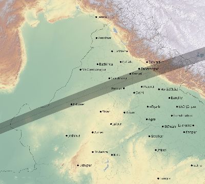 Map of the eclipse path across India on 07/12/2754