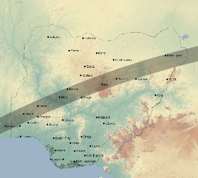 Map of the eclipse path across Nigeria on 04/29/2758