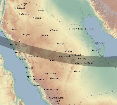 Map of the eclipse path across Saudi Arabia on 01/04/2774