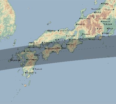 Map of the eclipse path across Japan on 08/22/2780