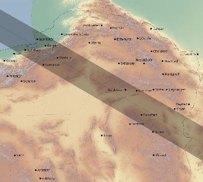 Map of the eclipse path across Iran on 12/26/2782