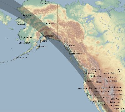 Map of the eclipse path across United States on 10/14/2786