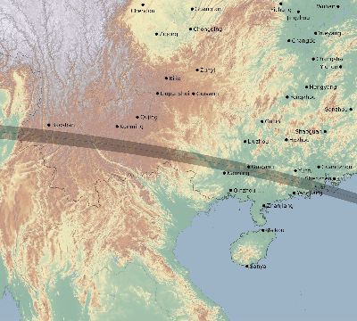 Map of the eclipse path across China on 10/03/2787