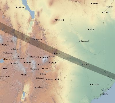 Map of the eclipse path across Kenya on 08/03/2790