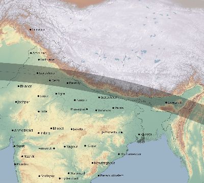 Map of the eclipse path across India on 09/02/2798