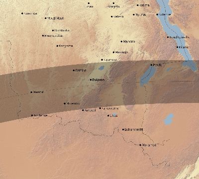 Map of the eclipse path across DR Congo on 05/01/2804