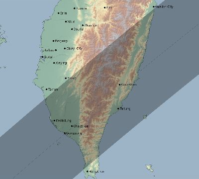Map of the eclipse path across Taiwan on 04/20/2805