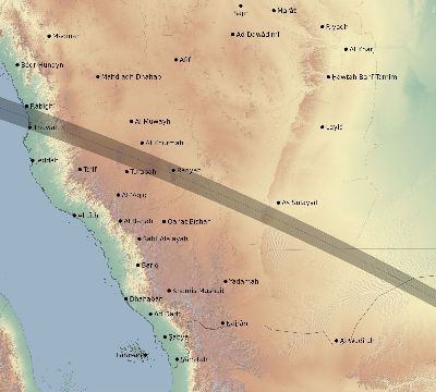 Map of the eclipse path across Saudi Arabia on 10/13/2805
