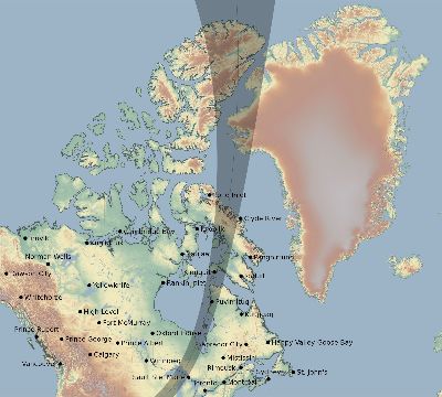 Map of the eclipse path across Canada on 04/10/2806