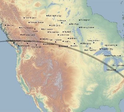 Map of the eclipse path across Canada on 08/13/2808