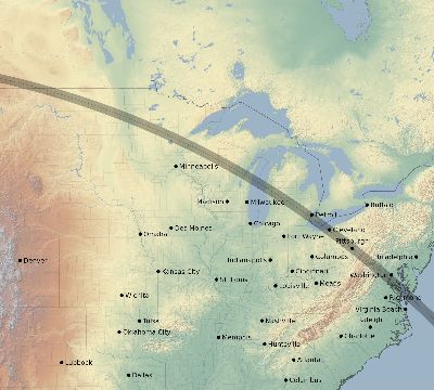 Map of the eclipse path across United States on 08/13/2808