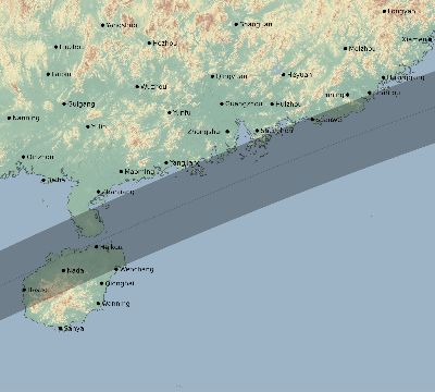 Map of the eclipse path across China on 05/31/2812