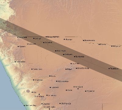 Map of the eclipse path across Namibia on 01/07/2820