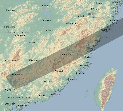 Map of the eclipse path across China on 07/01/2820