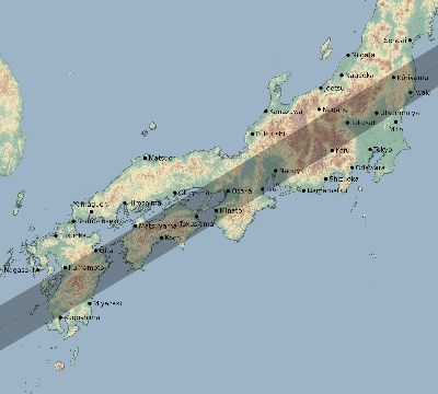 Map of the eclipse path across Japan on 07/01/2820