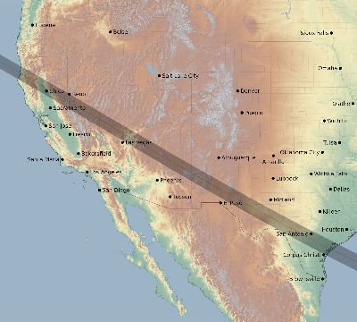 Map of the eclipse path across United States on 07/01/2820