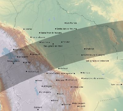 Map of the eclipse path across Bolivia on 05/12/2822