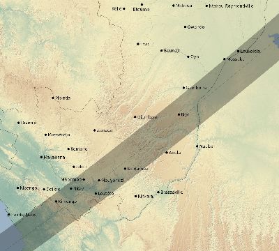 Map of the eclipse path across Republic of the Congo on 05/02/2823
