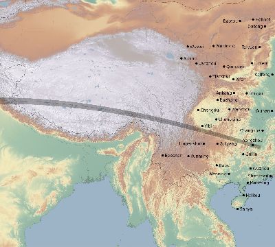 Map of the eclipse path across China on 05/02/2823