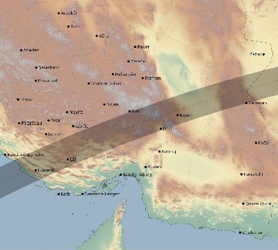 Map of the eclipse path across Iran on 05/02/2823