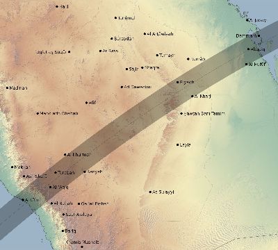 Map of the eclipse path across Saudi Arabia on 05/02/2823